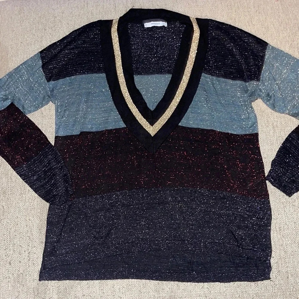 Mango Deep V Neck Sweater with Metallic Threading - size small L